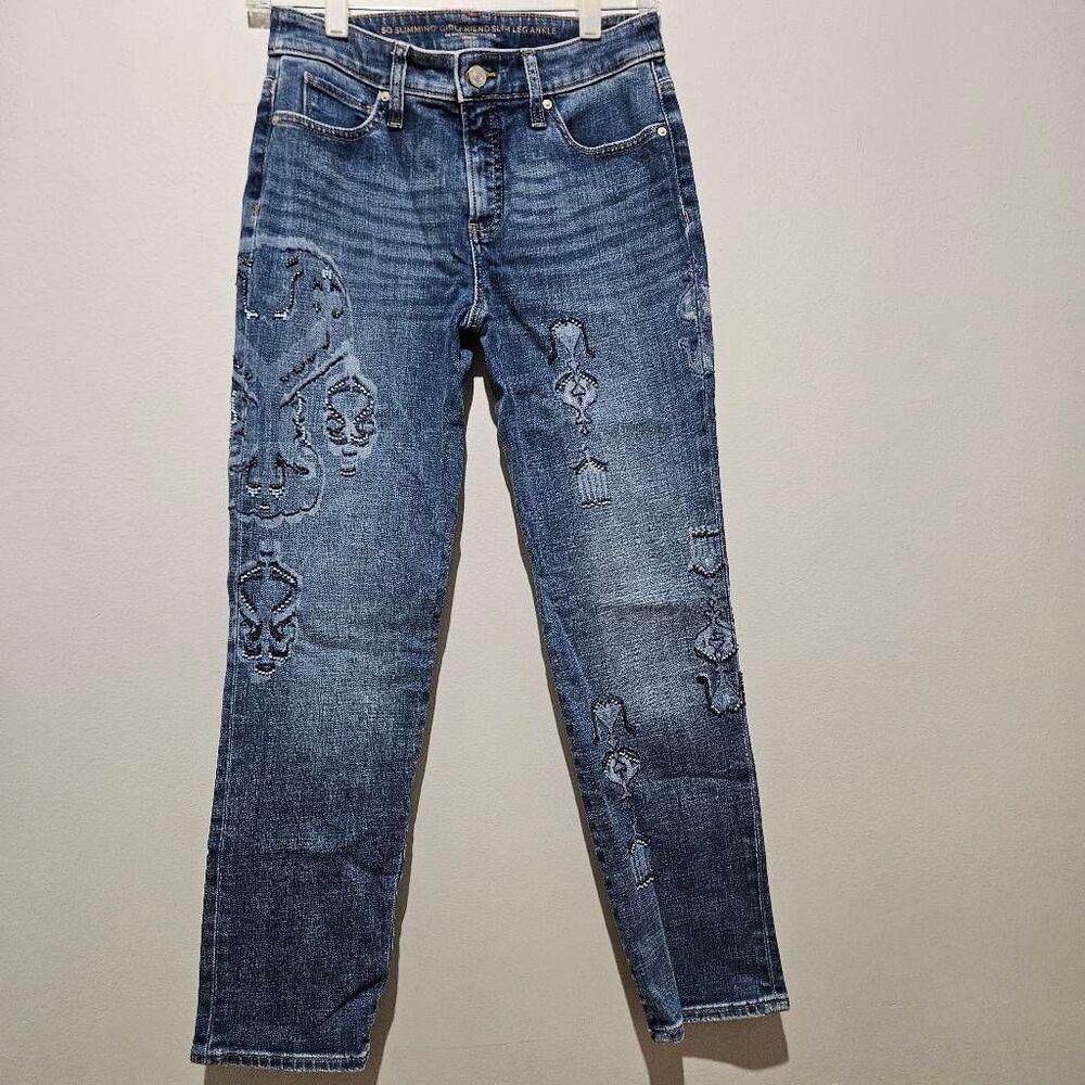 Chico's Embellished Ikat Beaded Girlfriend Ankle Jeans Distressed Size 000R